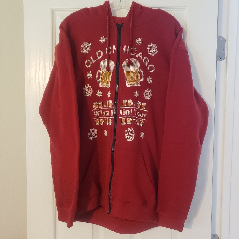 Old Chicago Ugly Christmas Sweater Beer Red Zipper Hoodie